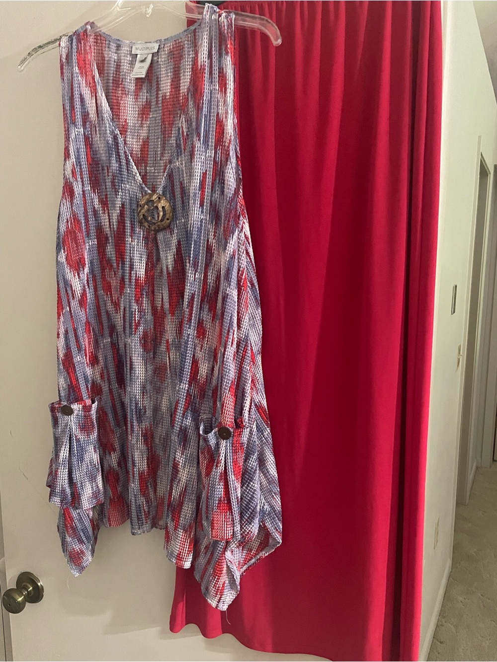 Multiples Red and Blue Sleeveless Draped Tunic with Decorative Medallion